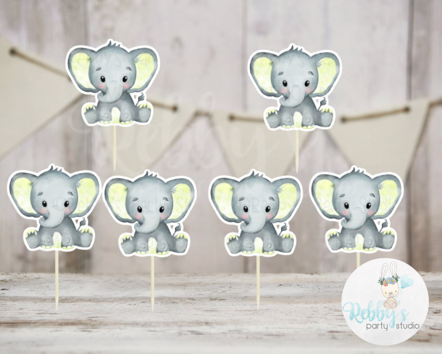 Boy Elephant Theme - Set of 12 Yellow Elephant Baby Shower Cupcake Toppers